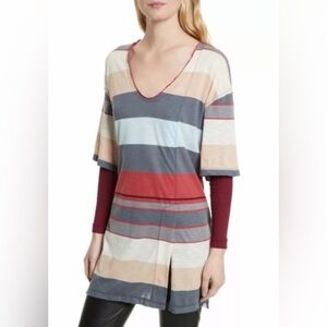 Free People Kate Longline Oversized Striped V Neck Faux Layered Long Sleeve Tee